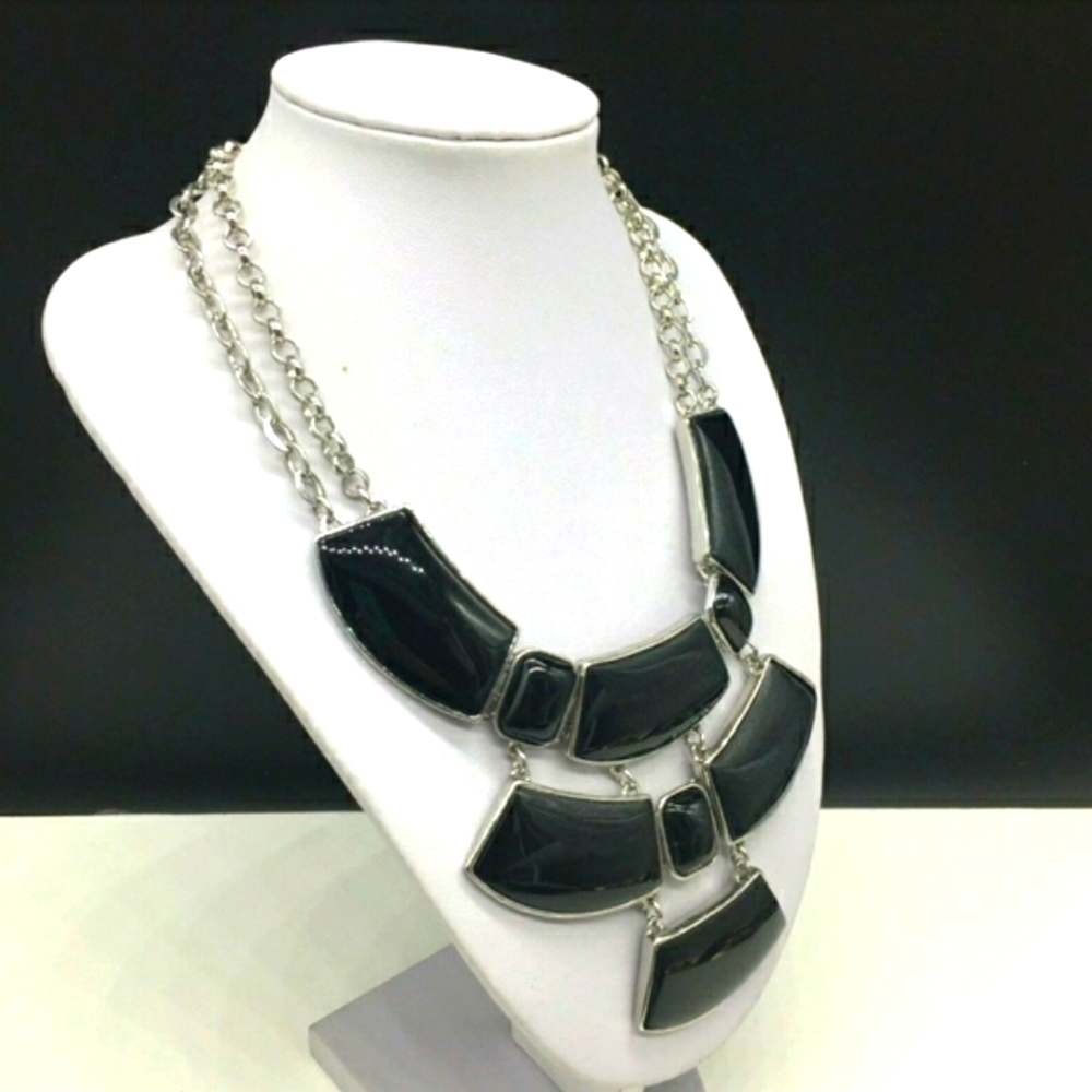 Chico's Black Enamel Silver Chain Bib Necklace
